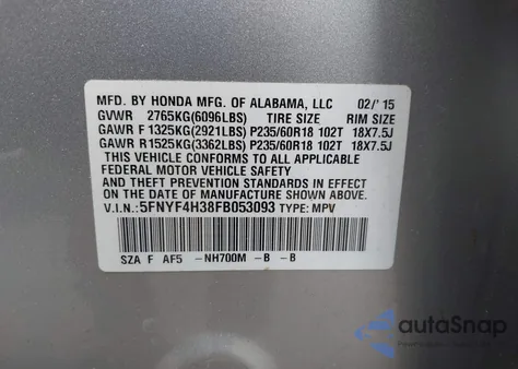 2015 Honda Pilot Se from USA, damaged, VIN 5FNYF4H38FB053093
